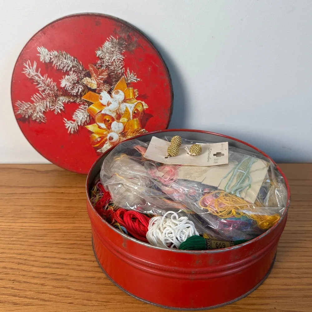 Vintage Christmas Red Tin with Embroidery Floss DMC Thread and Sewing Notions